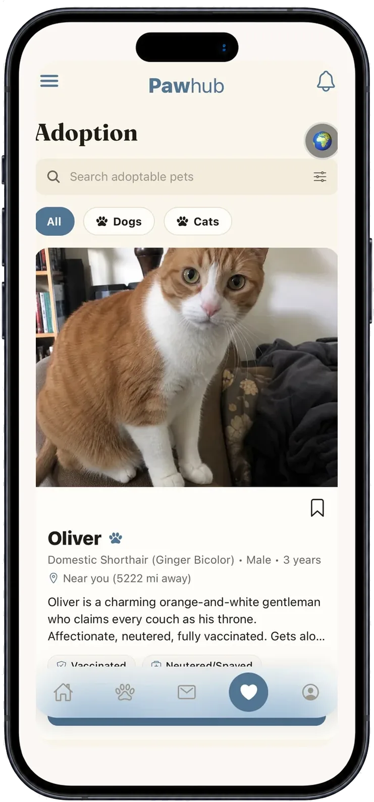 Adoption screen — pets looking for a home