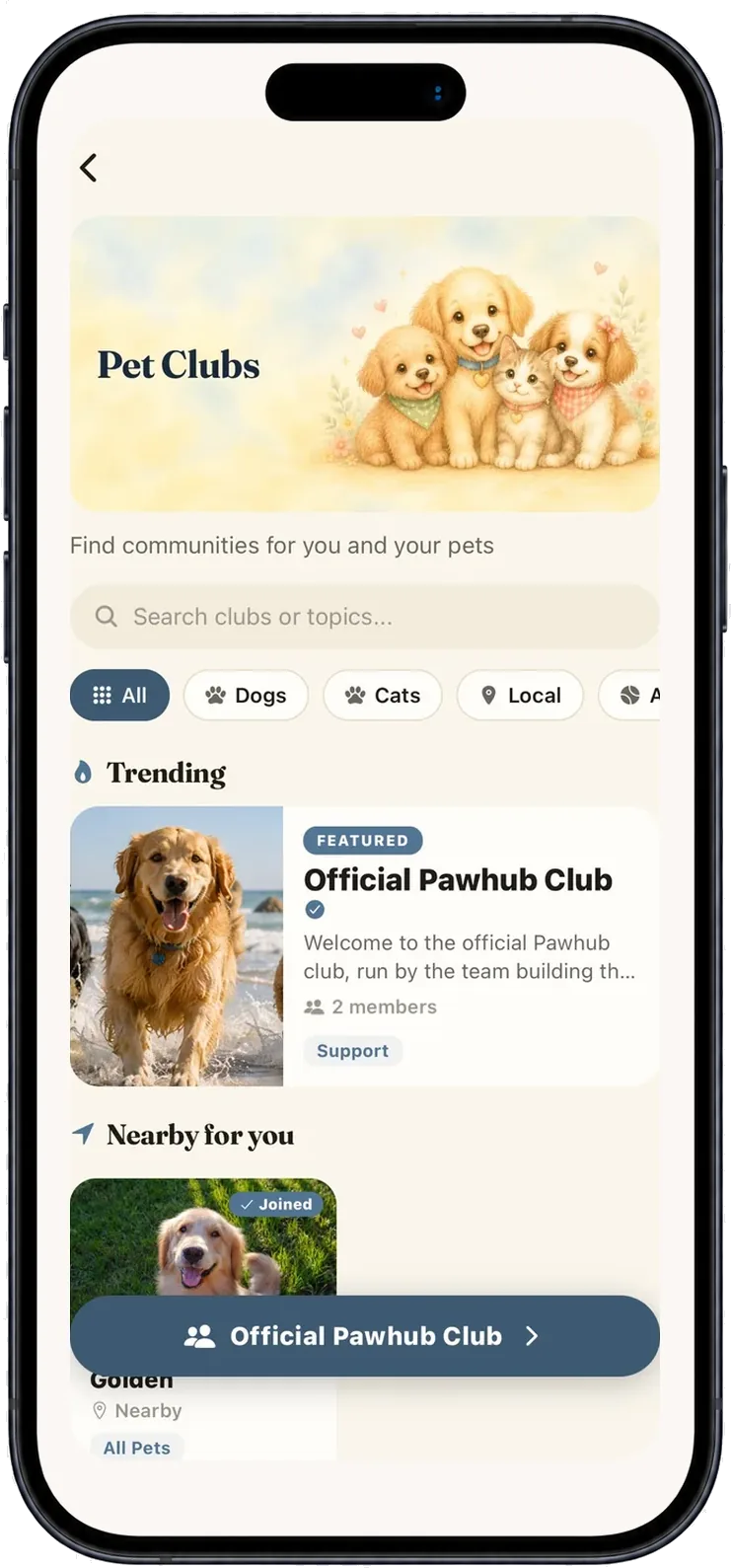 Clubs screen — local pet clubs