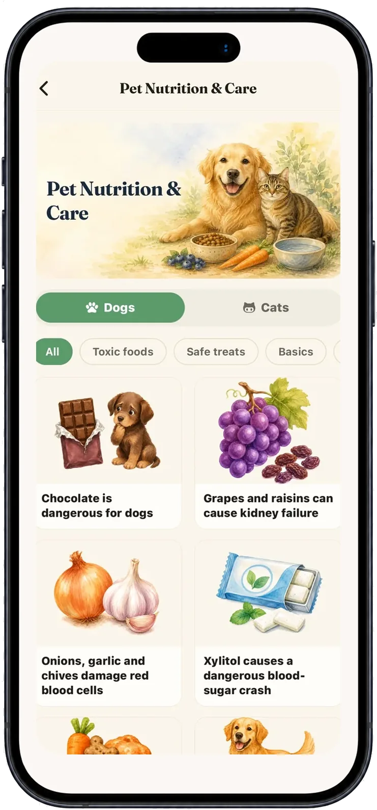 Nutrition screen — safe-foods guide
